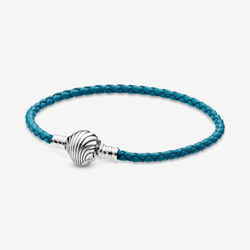 Sterling Silver Pandora Moments Seashell Clasp Turquoise Braided Leather Bracelets | 405-OWTNGK