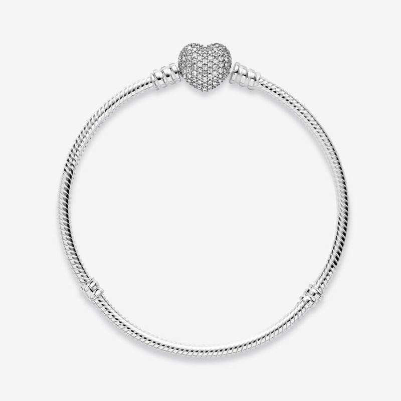 Sterling Silver Pandora Moments Sparkling Heart Clasp Snake Charm Bracelets | 704-CAWGPU