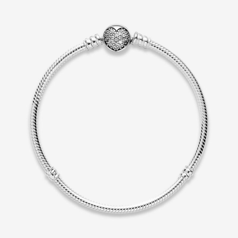 Sterling Silver Pandora Moments Sparkling Heart Clasp Snake Charm Bracelets | 453-SYZJMT