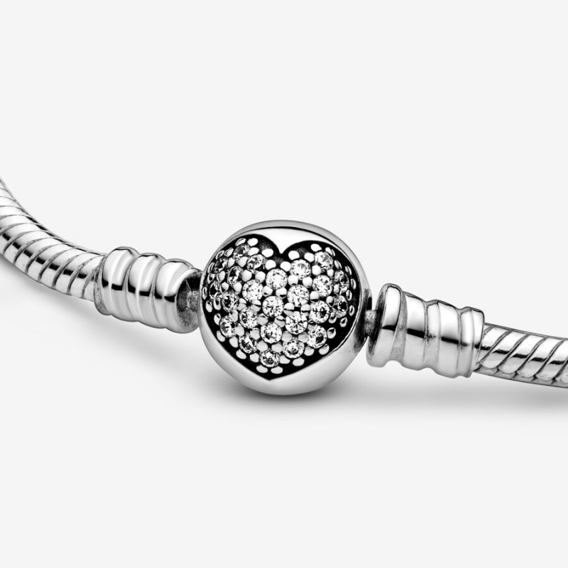 Sterling Silver Pandora Moments Sparkling Heart Clasp Snake Charm Bracelets | 453-SYZJMT