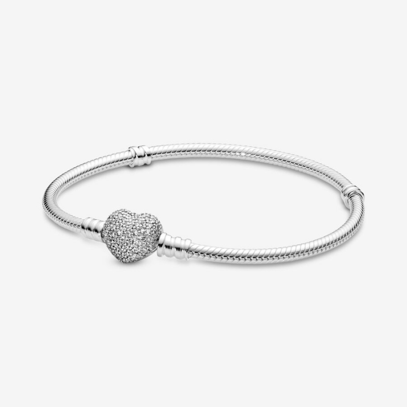 Sterling Silver Pandora Moments Sparkling Heart Clasp Snake Charm Holders | 745-XYUWCL