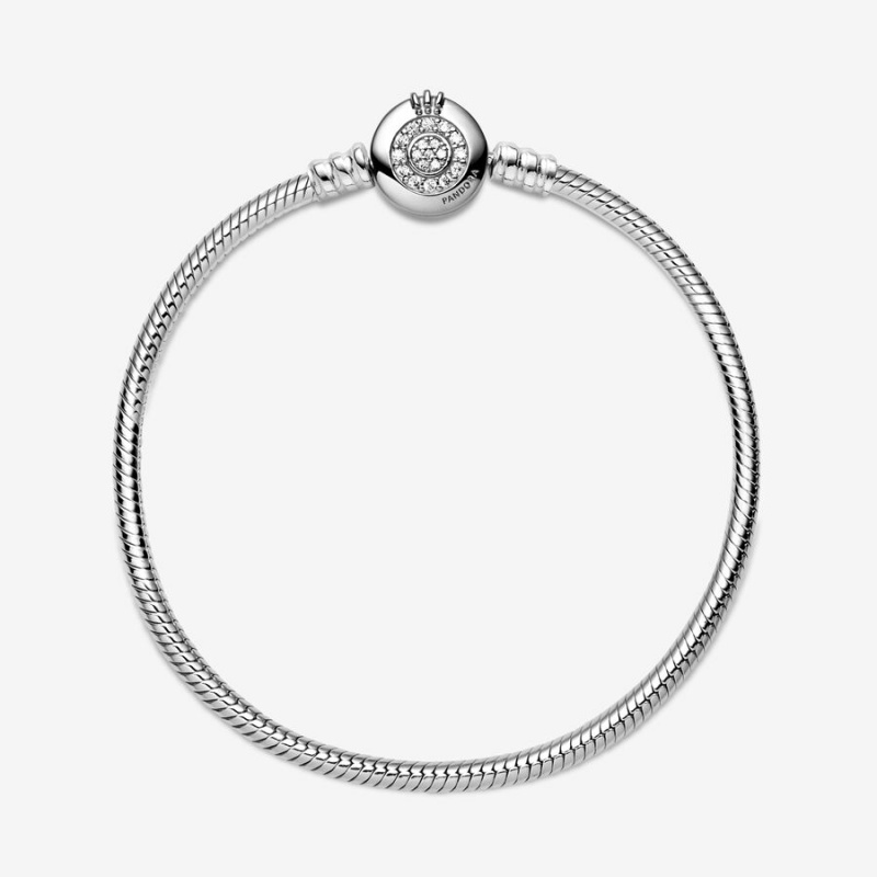 Sterling Silver Pandora Moments Sparkling Crown O Snake Charm Bracelets | 815-NHUKQZ