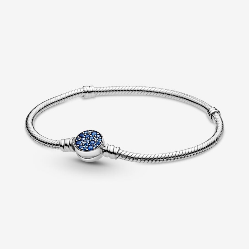 Sterling Silver Pandora Moments Sparkling Blue Disc Clasp Snake Chain Bracelets | 682-NZMQHC