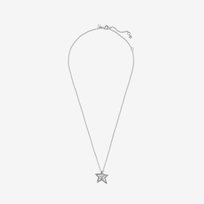 Sterling Silver Pandora Pavé Asymmetric Star Collier Pendant Necklaces | 379-RSYMZO