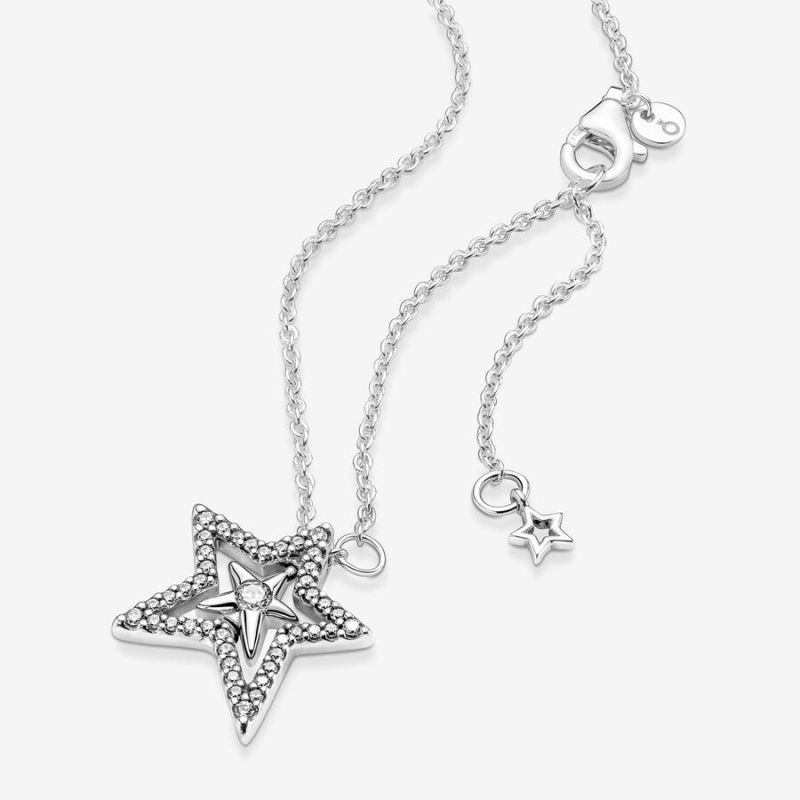 Sterling Silver Pandora Pavé Asymmetric Star Collier Pendant Necklaces | 379-RSYMZO