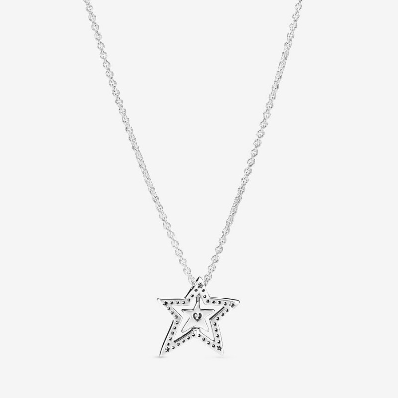 Sterling Silver Pandora Pavé Asymmetric Star Collier Pendant Necklaces | 379-RSYMZO