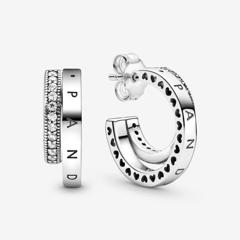 Sterling Silver Pandora Pavé Double Hoop Earrings | 259-XNIZOQ