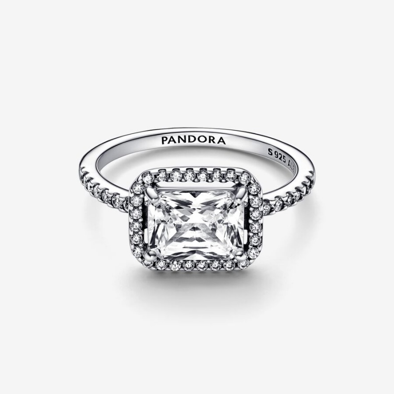 Sterling Silver Pandora Rectangular Sparkling Halo Statement Rings | 719-DQUMKG