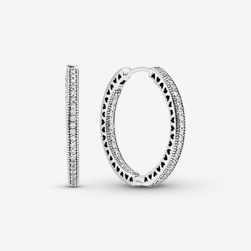 Sterling Silver Pandora Sparkle and Hearts Hoop Earrings | 075-SHRWIC