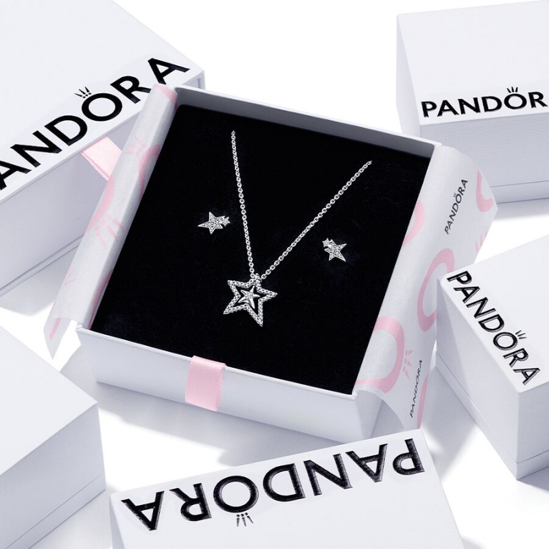 Sterling Silver Pandora Sparkling Asymetric Star Jewelry Gift Set Pendant Necklaces | 480-UFBNIS