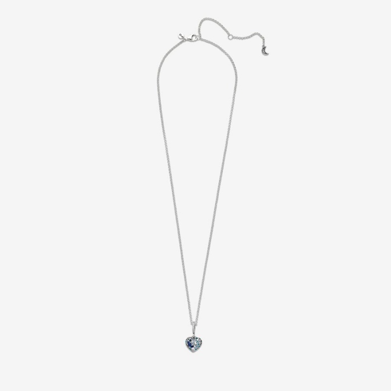 Sterling Silver Pandora Sparkling Blue Moon & Stars Heart Pendant Necklaces | 042-KYTBUZ