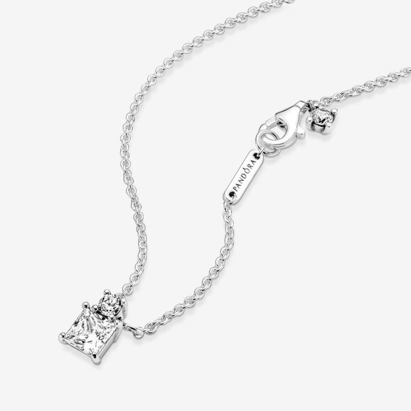 Sterling Silver Pandora Sparkling Collier Round & Square Pendant Necklaces | 506-WQKBLM