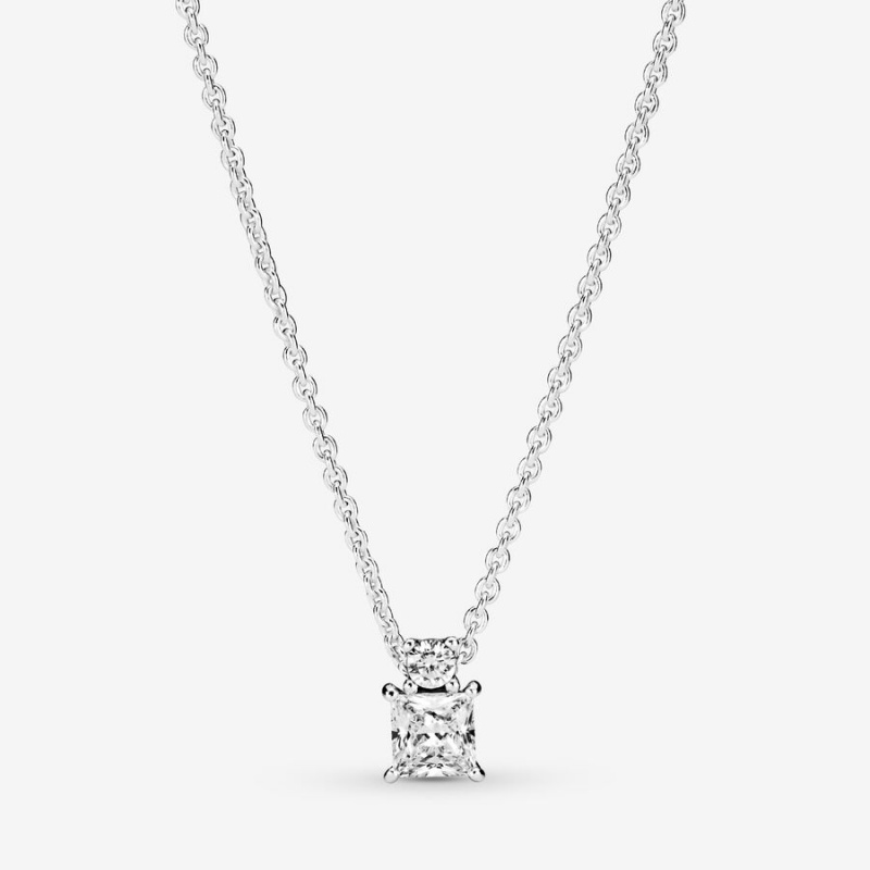 Sterling Silver Pandora Sparkling Collier Round & Square Pendant Necklaces | 506-WQKBLM