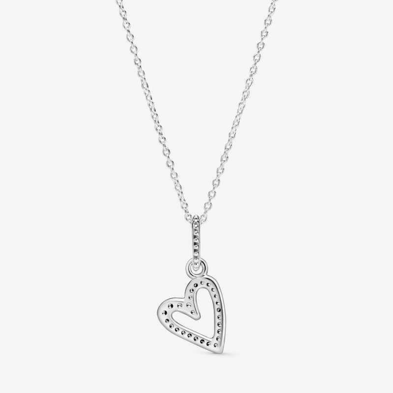 Sterling Silver Pandora Sparkling Freehand Heart Pendant Necklaces | 063-HWJZQK