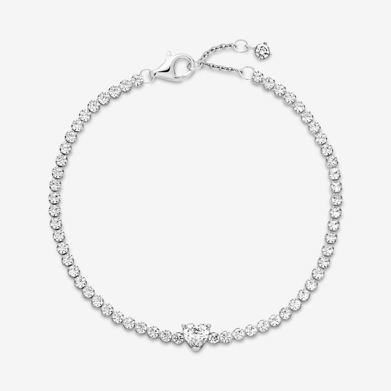 Sterling Silver Pandora Sparkling Heart Tennis Chain Bracelets | 230-WZHSEV