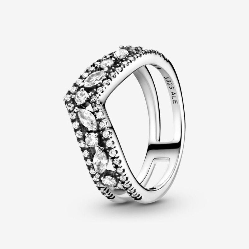 Sterling Silver Pandora Sparkling Marquise Double Wishbone Statement Rings | 786-NOFBHQ