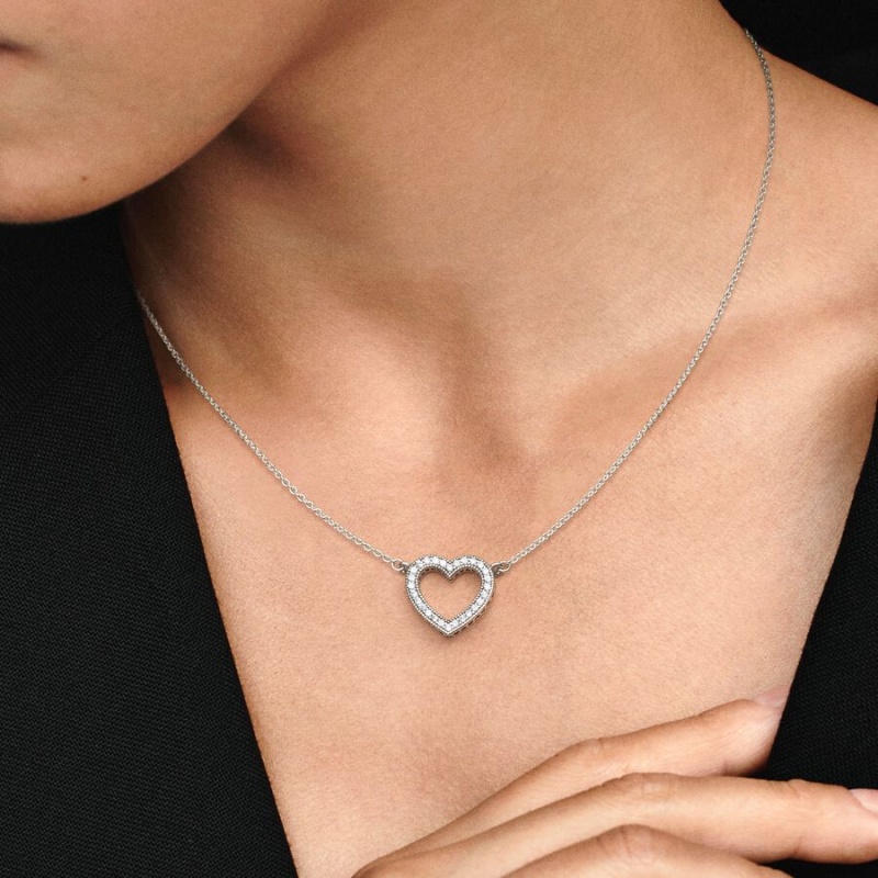 Sterling Silver Pandora Sparkling Open Heart Chain Necklaces | 745-SEXKCA