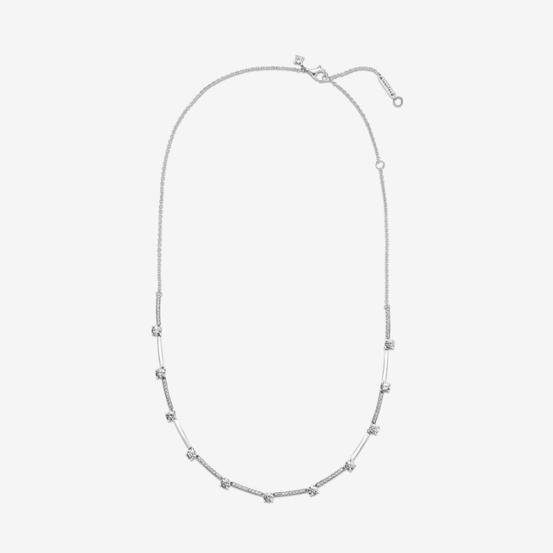 Sterling Silver Pandora Sparkling Pavé Collier Bars Chain Necklaces | 823-ZFNEQK