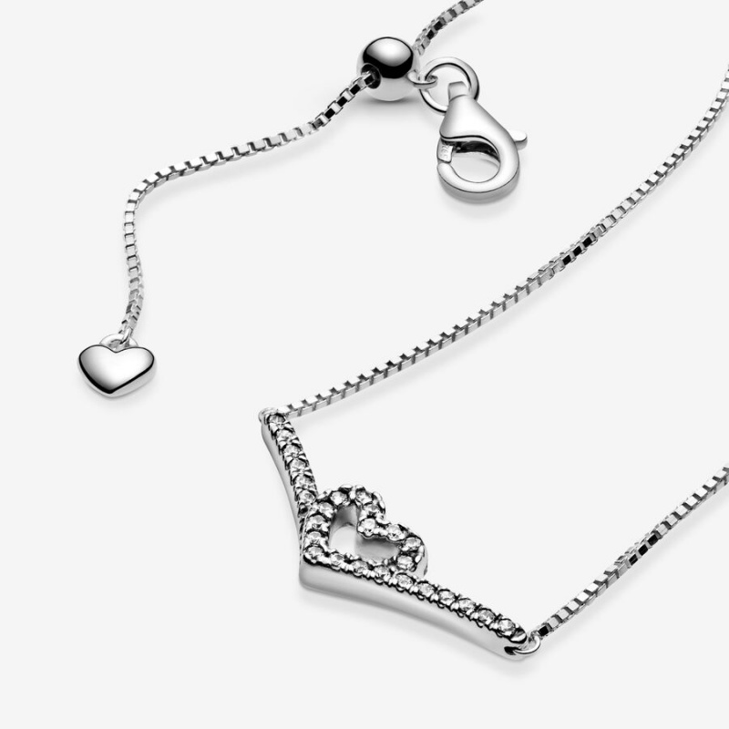 Sterling Silver Pandora Sparkling Wishbone Heart Collier Pendant Necklaces | 248-NPIOYM