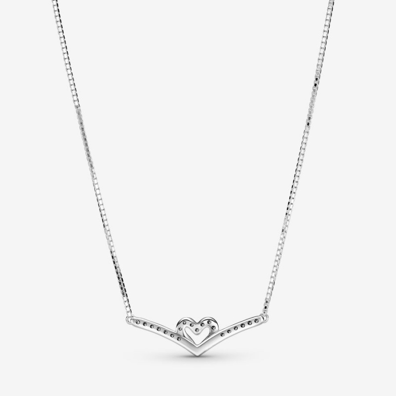 Sterling Silver Pandora Sparkling Wishbone Heart Collier Pendant Necklaces | 248-NPIOYM