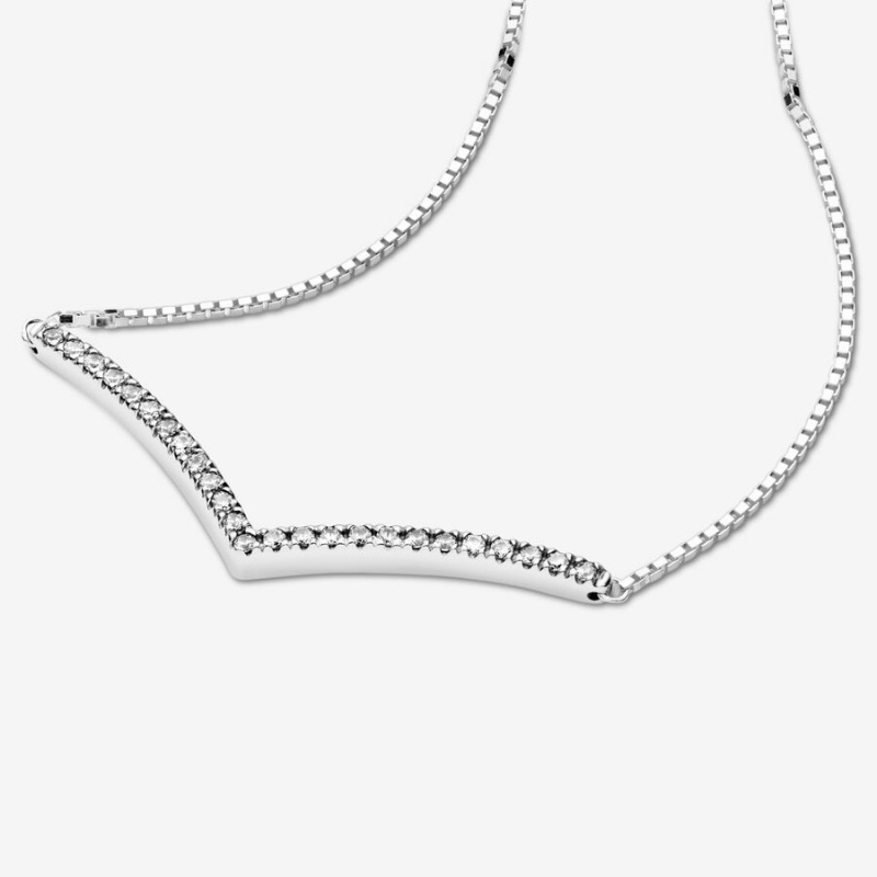 Sterling Silver Pandora Sparkling Wishbone Pendant Necklaces | 015-DQXBTG