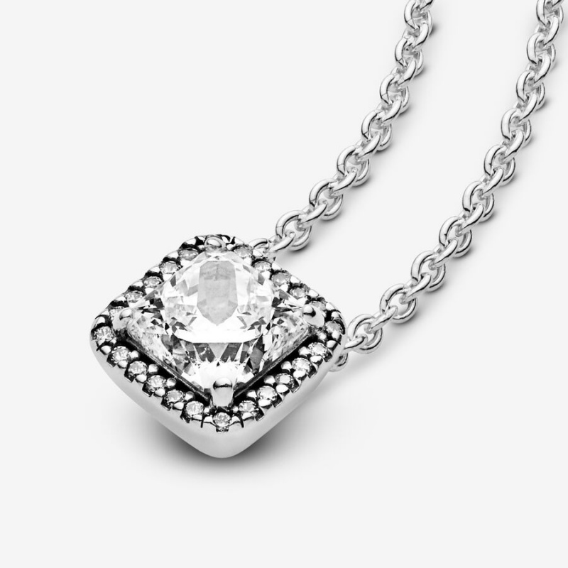 Sterling Silver Pandora Square Sparkle Halo Chain Necklaces | 712-DZVHJA