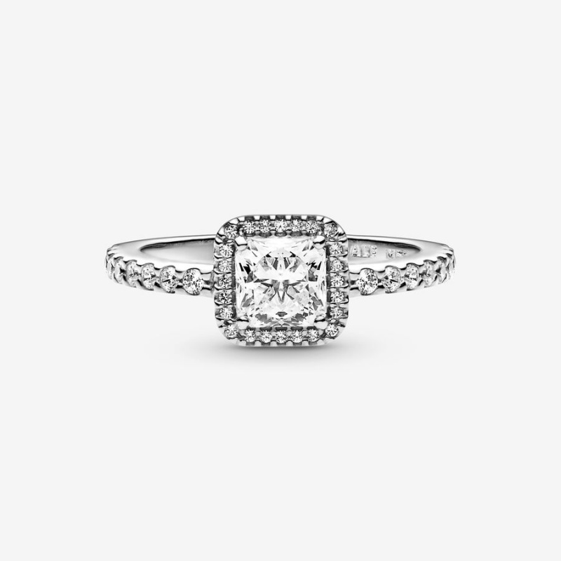 Sterling Silver Pandora Square Sparkle Halo Halo & Solitaire Rings | 438-KTYOEH