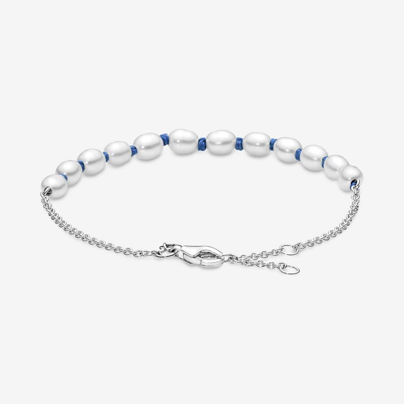 Sterling Silver Pandora Treated Freshwater Cultured Pearl Blue Cord Non-charm Bracelets | 745-DIHYRM