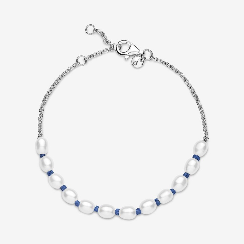 Sterling Silver Pandora Treated Freshwater Cultured Pearl Blue Cord Non-charm Bracelets | 745-DIHYRM