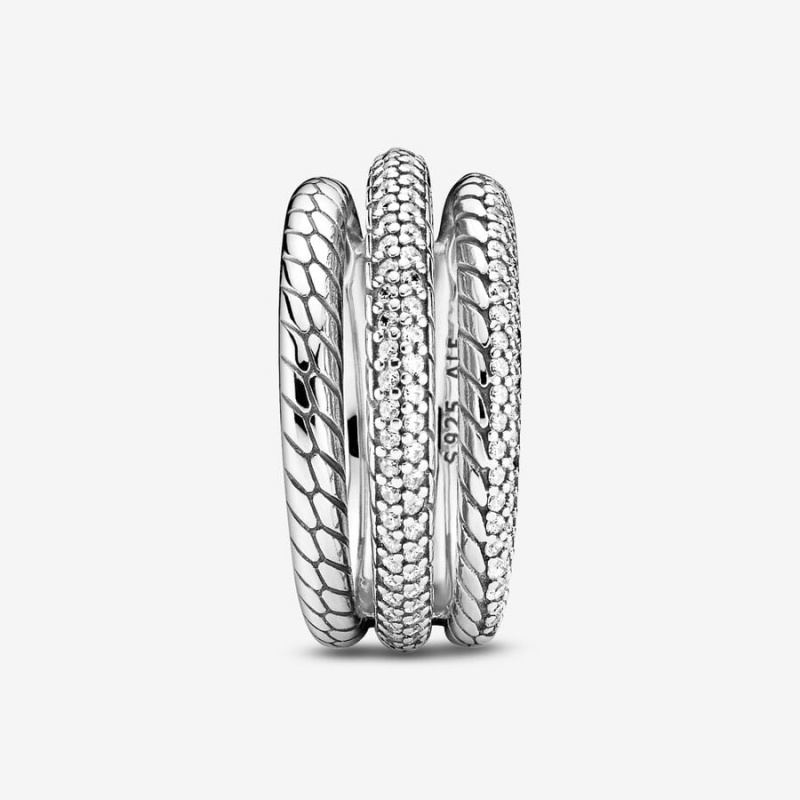 Sterling Silver Pandora Triple Band Pavé Snake Chain Pattern Statement Rings | 356-LHDPFZ