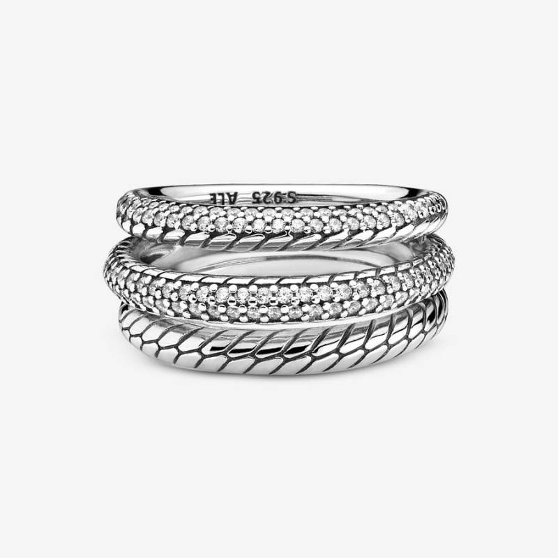 Sterling Silver Pandora Triple Band Pavé Snake Chain Pattern Statement Rings | 356-LHDPFZ