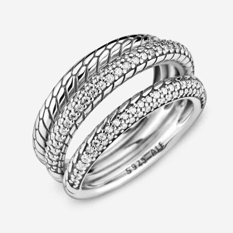 Sterling Silver Pandora Triple Band Pavé Snake Chain Pattern Statement Rings | 356-LHDPFZ