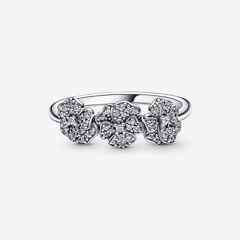 Sterling Silver Pandora Triple Pansy Flower Statement Rings | 823-EXADMO