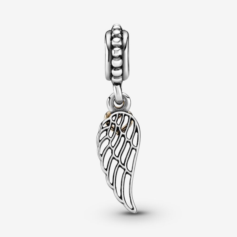 Two-tone Pandora Angel Wing and Heart Dangle Dangle Charms | 352-AJLEWF