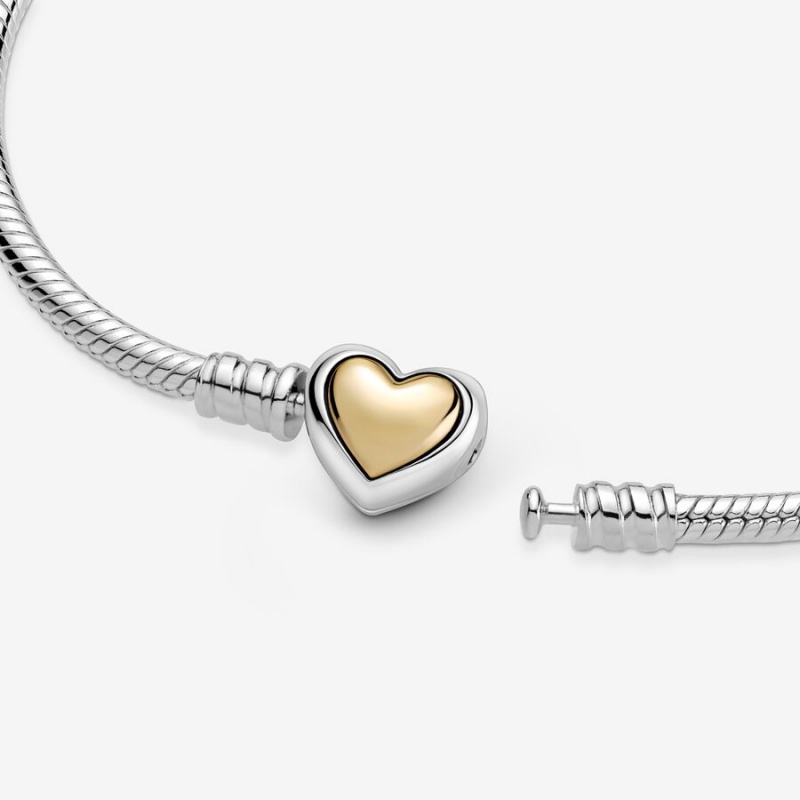 Two-tone Pandora Domed Golden Heart Clasp Snake Charm Bracelets | 137-XGYHKS