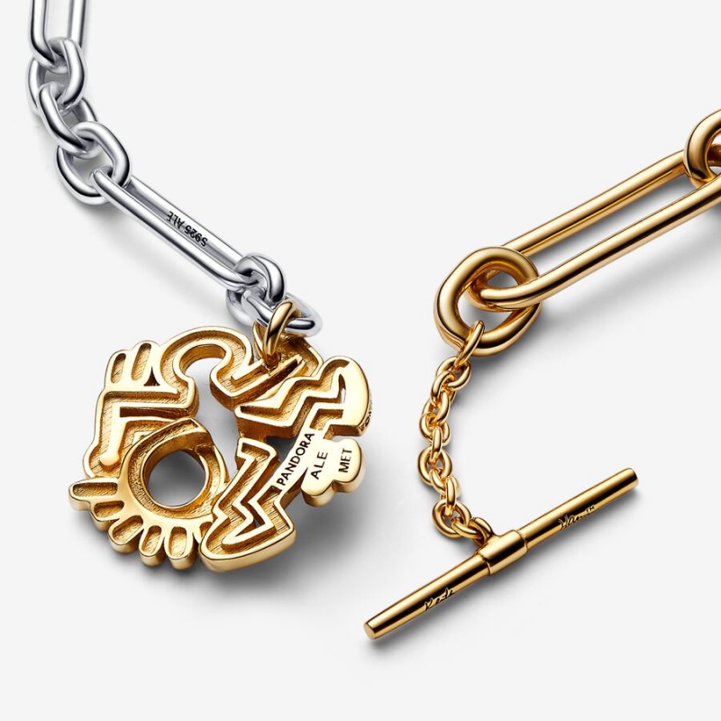 Two-tone Pandora Keith Haring x Two-tone Twisted Figure T Bar Pendant Necklaces | 720-UDTBYS