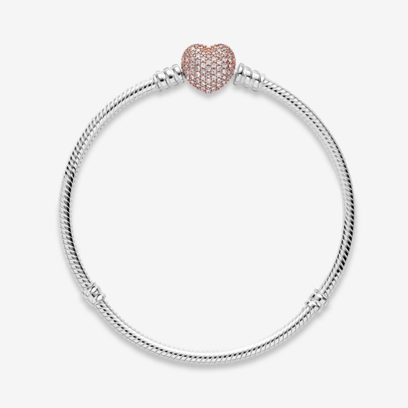 Two-tone Pandora Moments Pavé Heart Clasp Snake Chain Bracelets | 940-HQKOCP