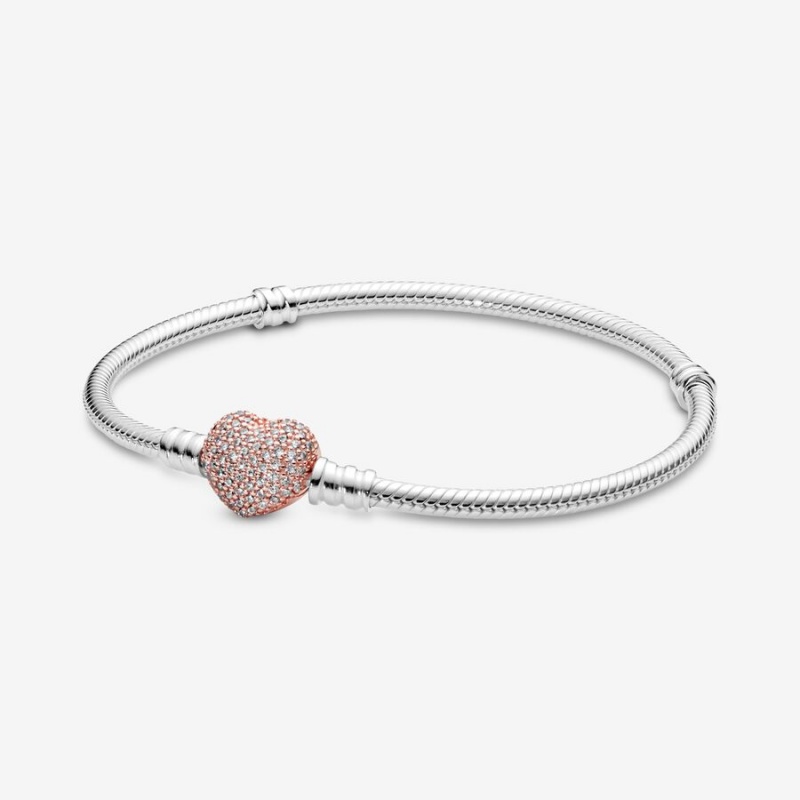 Two-tone Pandora Moments Pavé Heart Clasp Snake Chain Bracelets | 940-HQKOCP