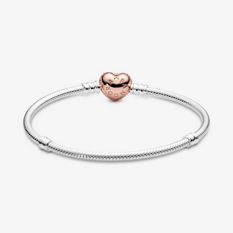 Two-tone Pandora Moments Pavé Heart Clasp Snake Charm Holders | 852-DSENRP