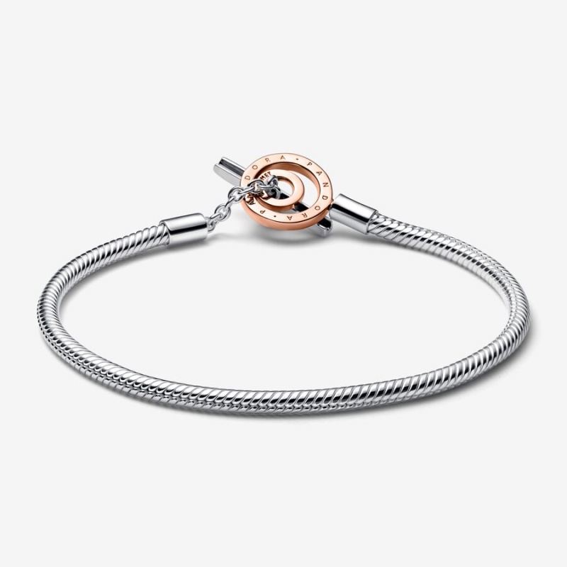 Two-tone Pandora Signature Two-tone Logo T-Bar Snake Charm Bracelets | 732-HNSCDL