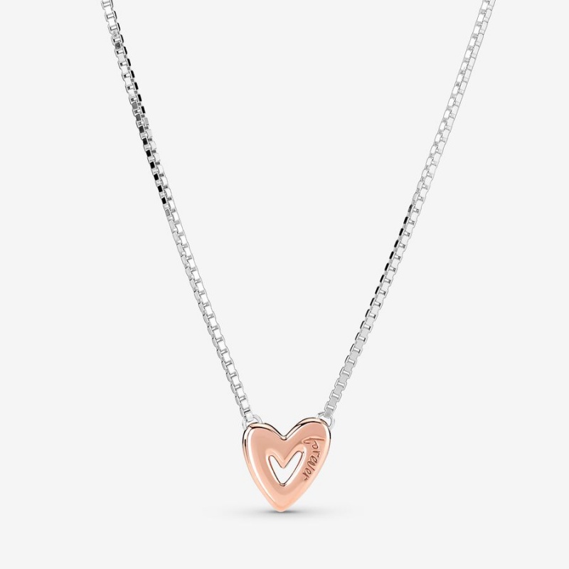 Two-tone Pandora Sparkling Freehand Heart Pendant Necklaces | 560-MRLNHS