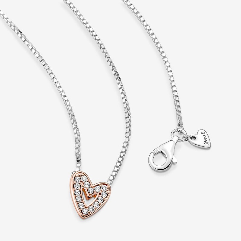 Two-tone Pandora Sparkling Freehand Heart Pendant Necklaces | 560-MRLNHS